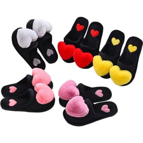 Winter Cartoon Heart-shaped Cotton Flat Slippers Warm Slides Couple Non-slip Indoor Home Shoes Flip Flops Women Zapatos Mujer
