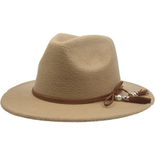Fedora hats women men rope elegant casual felted panamas men caps women hats solid wide brim white black khaki fringe women hats