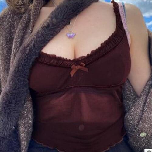 Summer Women Tank Top Lace Sexy Sleeveless Pleated Patchwork Transparant Mesh V-Neck Crop Top