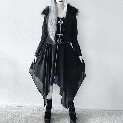 Black Dark Goth Women Mesh Irregular Long Skirts Hexagonal Star Zipper Gothic Hipster Goth Skirt Coldness Metal 2020 Lolita Lady