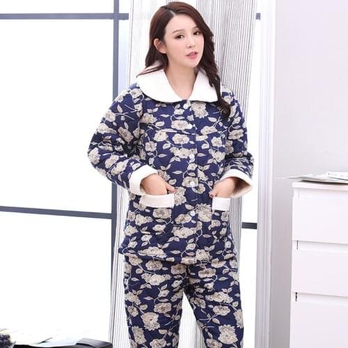 Women winter three-layers pajama thickening floral cotton quilted pajama set Ladies fashion warm 2 piece Sleepwear home clothes