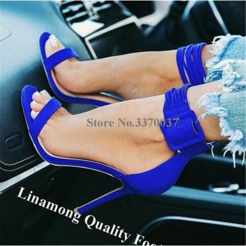 Linamong Summer Elegant One Strap Stiletto Heel Gladiator Sandals Blue Suede Leather Ankle Straps High Heel Sandals Dress Heels