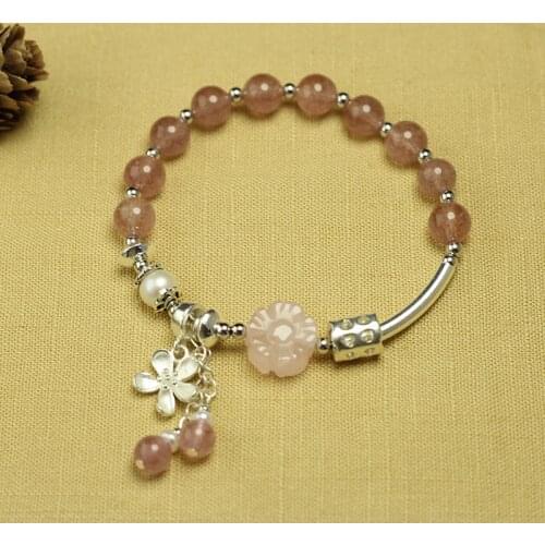 Sinya Girls Strawberry Quartz Bracelet in 925 sterling silver pink lover crystal elastic bangles for Lover women ladies Mum Hot