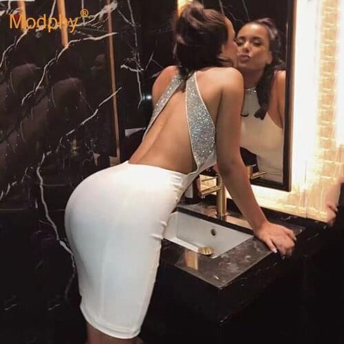 Sexy Diamond Halter Bandage Dress White Womens Sleeveless High Neck Bodycon Club Celebrity Evening Party Dress 2020 Fashion New