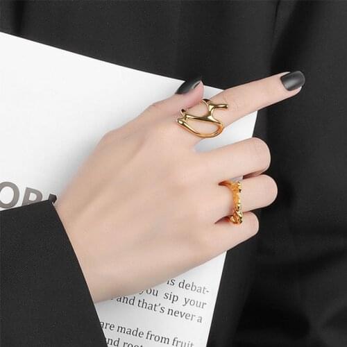 VENTFILLE 925 Sterling Silver Korean Narrow Vintage Ring Female Simple Handmade Opening Gold Hollow Finger Jewelry Couple