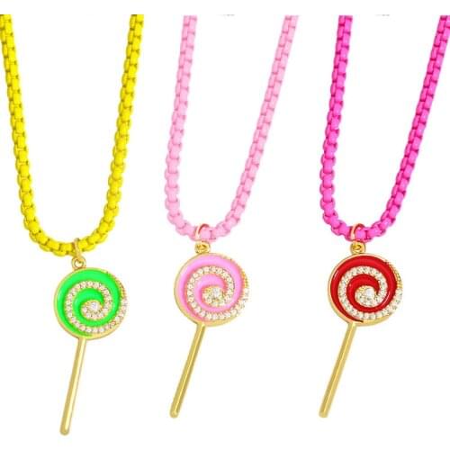 QMHJE Lollipop Pendant Charm Necklace Women Choker Painting Link Chain Candy Colors Yellow Green Rose Necklaces Anniversary CZ