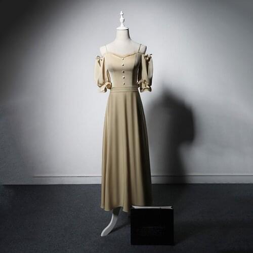 Evening Dress Spaghetti Strap Fashion Simple Boat Neck Empire A-Line Half Sleeves Tea-Length Party Formal Dresses Woman B1017