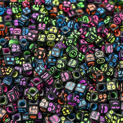 100pcs Acrylic Beads Cube Black Face Expression Pattern Loose Spacer Beads for Handmade Jewelry Making DIY Bracelet Accessories