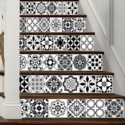 6pcs/set Black and White 3D Arabic Style DIY Stairs Tiles Art Mural Walll Sticker Step Tiles Decoration Creative PVC Wallpaper