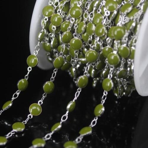 5Meter/Lot 6mm Olive Green Enamel Beaded Rosary Chains,Lampwork Flat Round Coin Beads Links Plated Silver Chokers Chain Jewelry