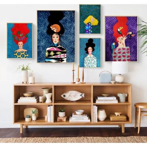 Watercolor Hair Girl Wall Art Canvas Painting Nordic Birds Flowers Poster Vintage Wall High Definition Pictures For Living Room