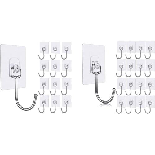 Large Adhesive Hooks Wall Hooks 33 Lb (Max) Transparent Reusable Seamless Stainless Steel Hooks Waterproof