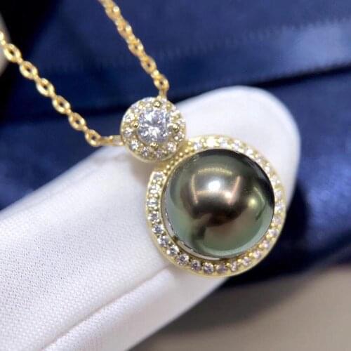 D822 Pearl Pendant Fine Jewelry 925 Sterling Silver Round 10-11mm Nature Sea Water Tahiti Black Pearls Pendants Necklaces Gifts