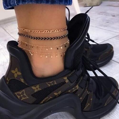 Docona Punk Star Tassel Sequins Layered for Women Anklets Gothic Handmade Rope Anklet Set Party Beach Jewelry Tobilleras 8383