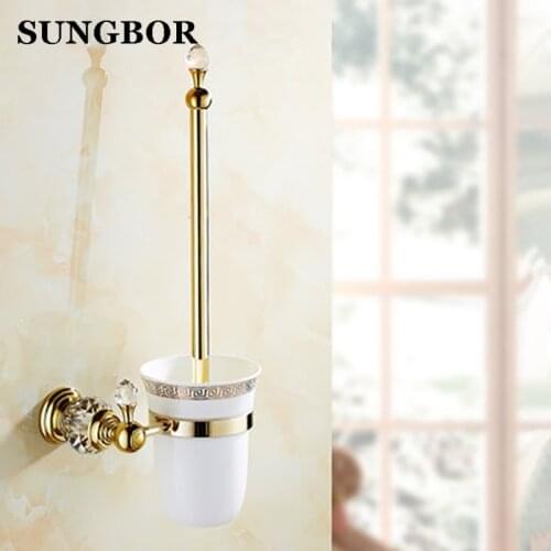 Luxury Golden European style Brass Crystal Toilet Brush Holder,Gold Plated Toilet brush Bathroom Products Bathroom Accessories