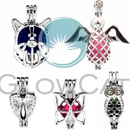 GLOWCAT Angel Butterfly Owl Heart Feather Totoro Beads Cage Jewelry Making Essential Oil Diffuser Pearl Cage Locket Pendant