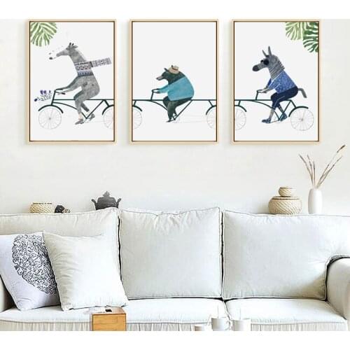 Cartoon Decoration Wall Picture Abstract Animal Riding Bicycle Canvas Art Print Poster Painting for Kids Room