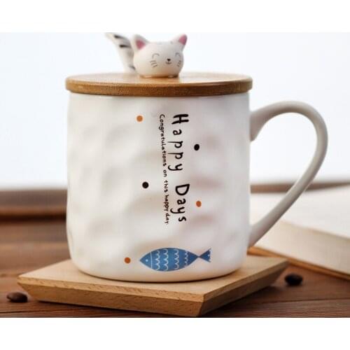 Japanese style cute cat cartoon with cover creative womens ceramic cup customized milk cup childrens breakfast mug