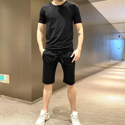 Mens Tracksuit Diamond Fashion Designer Mens Tight Brand T-shirt+Leisure Hot Drill Shorts New 2-Piece Set