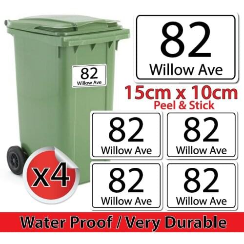 PERSONALISED x4 WHEELIE BIN NUMBERS CUSTOM HOUSE NUMBER STICKERS ROAD STREET NAME STICKERS A6