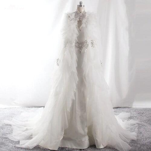 LZ443 Ivory Spaghetti Straps Backless Soft Satin Mermaid Dress Glittering Sequined Pearls Belt Wedding Dress With Ruched Cape