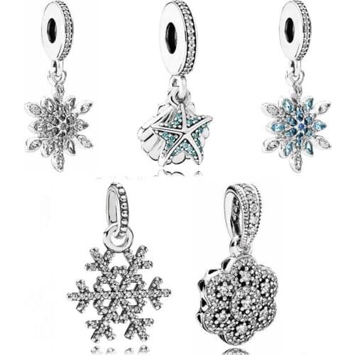 DIY Charm Starfish & Shell Crystallised Flora Snowflake Pendant 925 Sterling Silver Bead Fit Fashion Bracelet DIY Jewelry