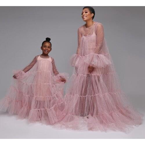 Sparkling Tulle Mother And Kid Dresses For Photo Shoot Long Sleeves See Thru Sequins Tulle Mom And Me Gowns