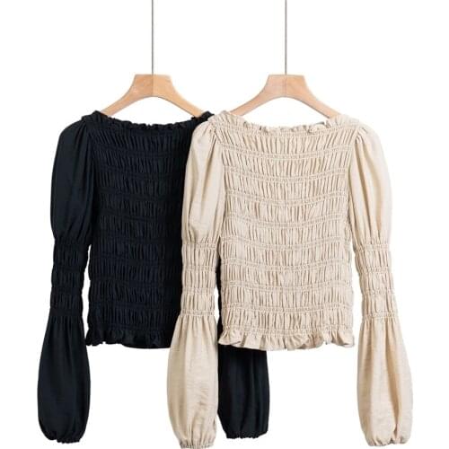 2020 spring womens new design sense round neck bubble long sleeves were thin and breathable front and back pleated shirt