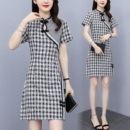 Women Plaid Sexy Cheongsam Mini Dress Plus Size M-4XL XXL XXXL 3XL XXXXL 2021 Summer Short Sleeve Party Slim Casual Chines Dress