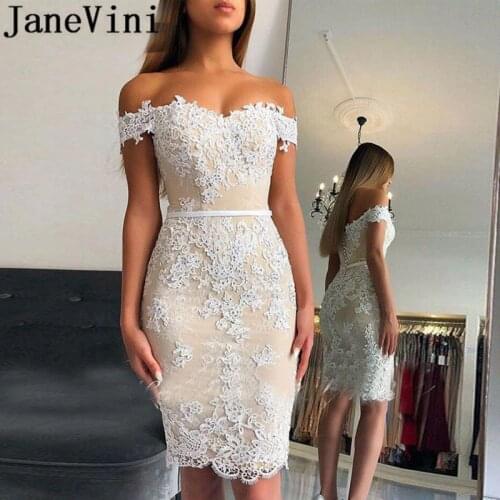 JaneVini Light Champagne Beaded Cocktail Dresses Knee Length Short White Lace Applique Sweetheart Women Tight Fitted Party Dress
