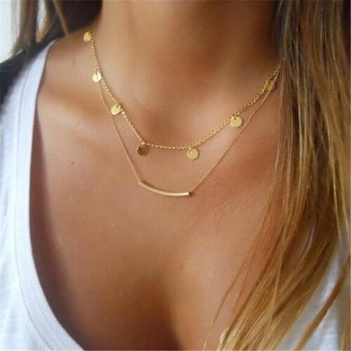 X075 New Multilayer Chains Necklace Women Gold Color Metal Coin Pendant Choker Necklace Boho Summer Jewelry Statement Necklace
