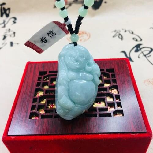 Zheru Pure natural Jadeite carved light green station happy Buddha pendant Green bead sweater chain Send A certificate