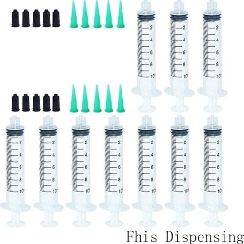 10ml 10cc Manual Syringe Dispenser Kit 18G Plastic Tapered Dispensing Tips and Caps Pack of 10