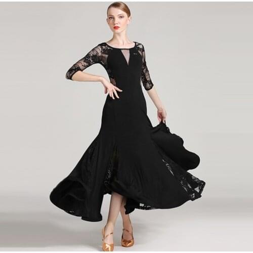 4 colors Ballroom Dance Dress Modern Waltz Tango Standard Competition Black Lace Dress Long Sleeve for Dancer Referee
