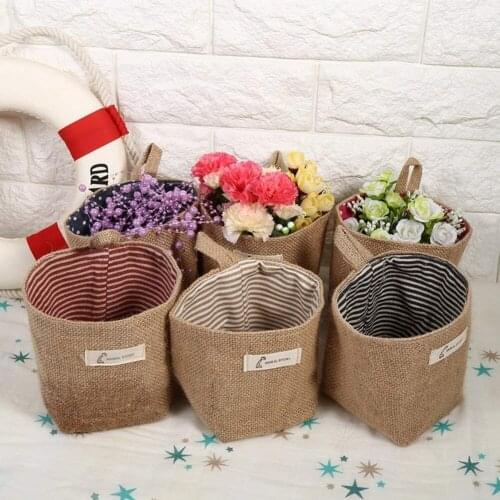 Jute Cotton Linen Bag Desktop Storage Basket Hanging Pocket Small Sack Sundries Storage Box With Handle Cosmetic Storage Bag