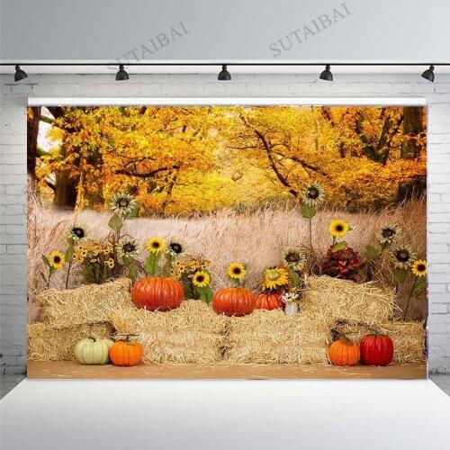 Farm Harvest Pumpkin Haystack Sunflower Backdrop Autumn Forest Maple Leaves Baby Shower Birthday Photography Background Studio