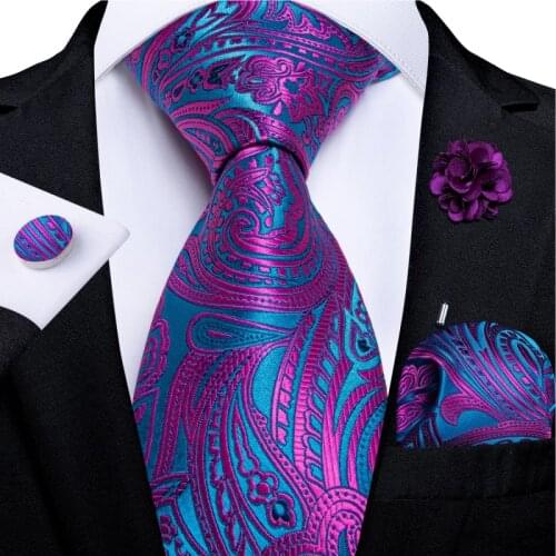 Blue Paisley Purple Ties For Men Wedding Party Neck Tie With Brooch Pin Pocket Square Cufflinks Corbatas Gift for men DiBanGu