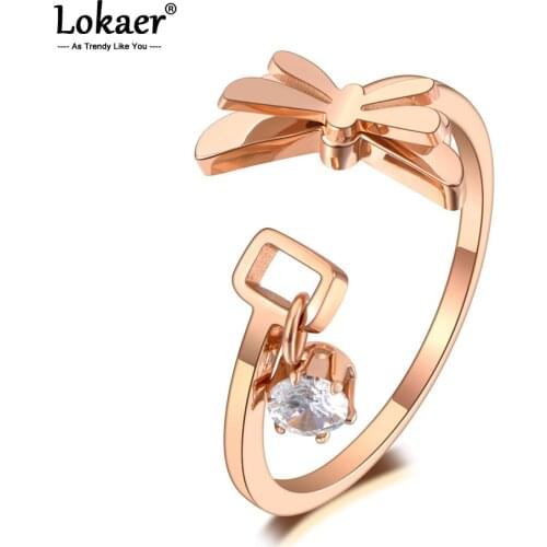 Lokaer Fashion Titanium Stainless Steel Dragonfly Animal Rings Creative Rose Gold CZ Crystal Party Ring For Women Girls R20035