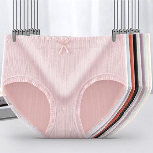 Lace Pure Cotton Ladies Panties Mid-waist Womens Panties Girls Briefs Pure Color Ribbon Bowknot Underwear Women Knickers