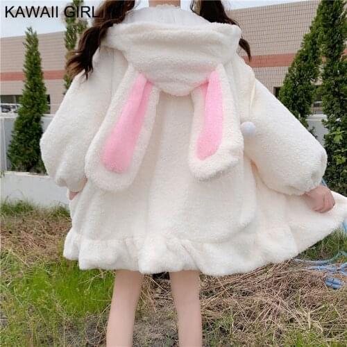 Zip Up Jacket Jacket Women Lolita Teddy Rabbit Ears Hooded Soft Girl Ruffle Faux Wool Coat Lambswool Plus Cotton Thick Outer New