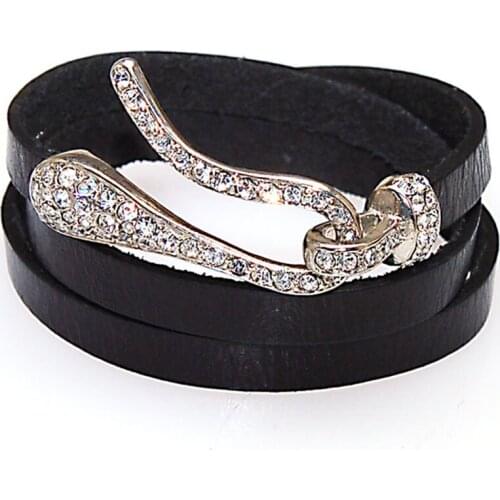 Miasol Personality Soft Flat Real Leather Wrap Bracelet With Crystal Snake Hook Cowhide Leather Strap Crystal Clasp Bracelet