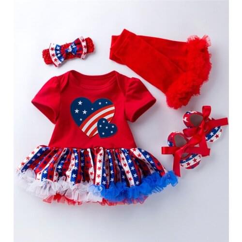 Independence Day Newborn Outfits, Baby Girl Stars Stripes Short Sleeve Round Neck Dress + Bowknot Headband + Socks + Shoes