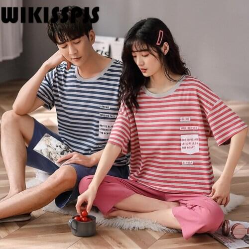 2021 Summer New Pure Cotton Pajamas Classic Stripe Comfortable Home Clothes Couple Suit Two Piece Set Summer Pajama Set Women