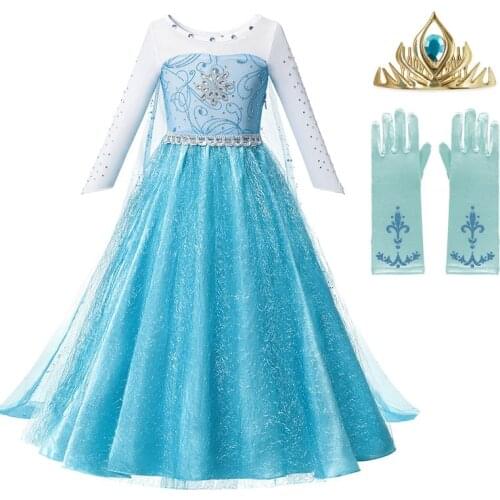 MUABABY Girls Elsa Dress Up With Train Children Beading Long Sleeve Snow Print Halloween Carnival Party Princess Costume Frocks