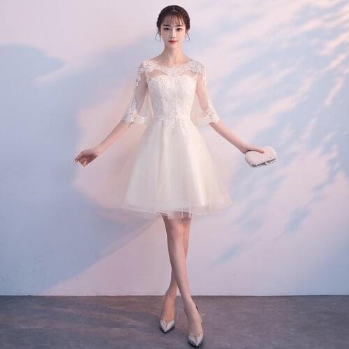 Special Occasion Dresses Illusion V-Neck Half Luxury Champagne Knee-Length A-Line Embroidery Tulle Lace Women Prom Gown E1035