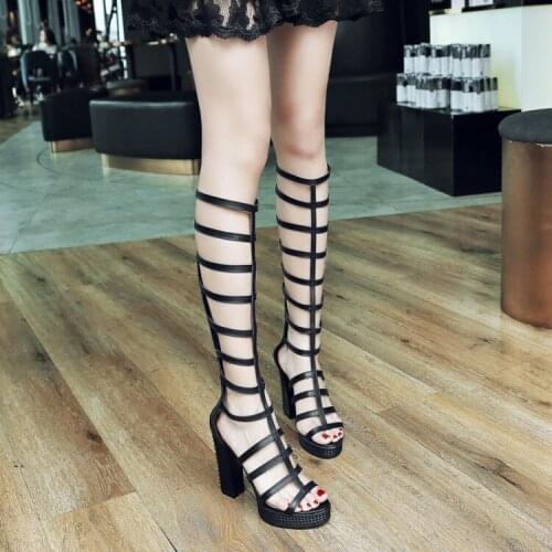 PXELENA Chunky Block Square High Heel Gladiator Sandals Women Shoes Hollow Out Platform Knee High Gladiator Summer Boots Black