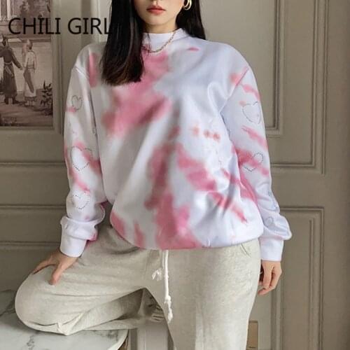 Rhinestone Heart Long Sleeve Tie Dye Sequined Baggy Oversized Sweatshirt Autumn Winter Women Fashion Streetwear Casual Pullover