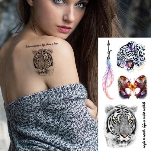 19*9cm Temporary tattoo sticker Colorful feathers tiger butterfly Waterproof flower Sternum body arm tattoo set women men kids