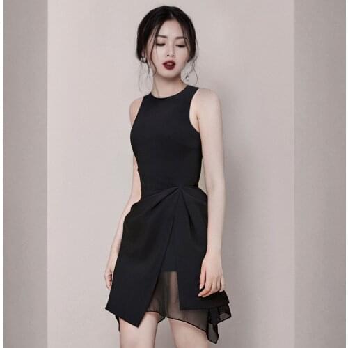 Spring Summer Fashion Womens Irregular Banquet Dress Sheath Black Simple O-Neck Short Mini Party Dress