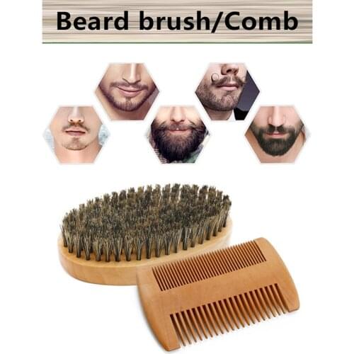 High Quality Natural Boar Bristle Wood Beard Brush Hairdresser Shaving Tool Men Mustache Comb Kit Soft Beard Hair Comb Set